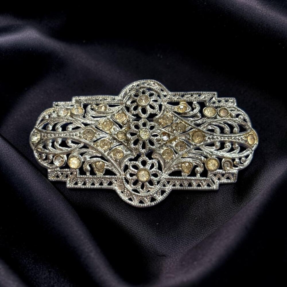 Art Deco Filigree Rhinestone Brooch Silver Lace Gatsby Wedding Sparkle